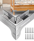 Heavy Duty Galvanized Steel 2x4 Workbench Bracket Kit For DIY Projects With Eight Corner Brackets And One Hundred Screws Built For Easy Install And A Custom Size Workbench Table That Fits One And A Half By Three And A Half Lumber displayed with screws and installed view