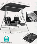 Diagram showing dimensions and features of Two Seat Outdoor Porch Swing With Adjustable Canopy Heavy Duty 650 Lb Capacity Patio Swing.