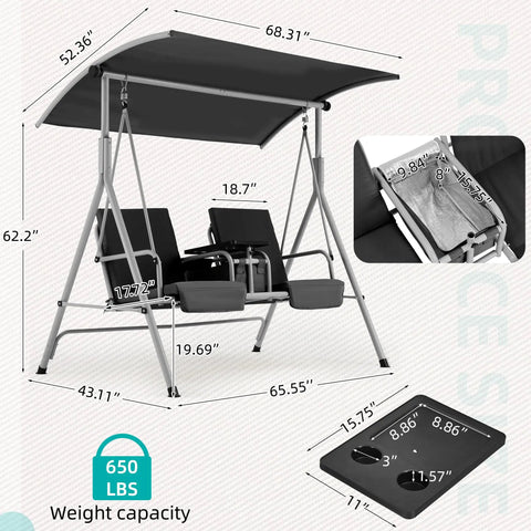 Diagram showing dimensions and features of Two Seat Outdoor Porch Swing With Adjustable Canopy Heavy Duty 650 Lb Capacity Patio Swing.