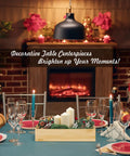 Festive dinner table with elegant centerpiece, candles, and a cozy fireplace setting.