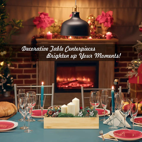 Festive dinner table with elegant centerpiece, candles, and a cozy fireplace setting.