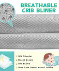 Breathable crib liner showing detailed mesh pattern and 100% polyester material features.