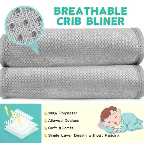 Breathable crib liner showing detailed mesh pattern and 100% polyester material features.