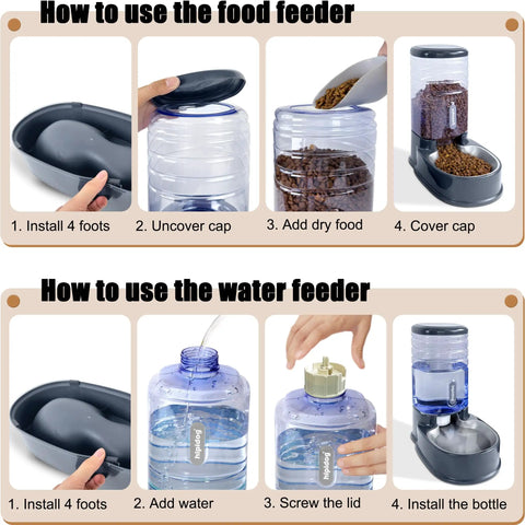 Instructions for Premium Stainless Steel Automatic Pet Feeder And Water Dispenser With Gravity Fed Bowls for easy setup.