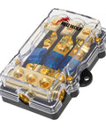 Heavy Duty ANL Fuse Holder 60 Amp 3 Way Wiring Distribution Block for Marine Boat with transparent cover and gold connectors.