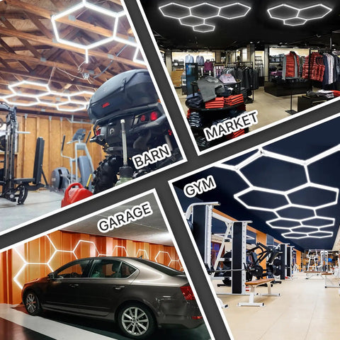 Hexagon Garage Light Ceiling Beam Beast Bright 11 Grid System 6500K Cool White LED in barn, market, gym, and garage settings