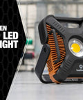Close-up of a 10,000 Lumen Corded LED Work Light with copper housing, showcased on a job site, highlighting its durable design.