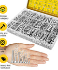 1220Pcs Metric Screws Assortment Kit M3 M4 M5 M6 With Hex Socket Head Cap Bolts Nuts And Washers In 304 Stainless Steel For DIY Projects And 3D Printer Upgrades displayed in storage box with hand holding sample pieces.