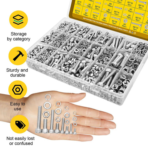 1220Pcs Metric Screws Assortment Kit M3 M4 M5 M6 With Hex Socket Head Cap Bolts Nuts And Washers In 304 Stainless Steel For DIY Projects And 3D Printer Upgrades displayed in storage box with hand holding sample pieces.