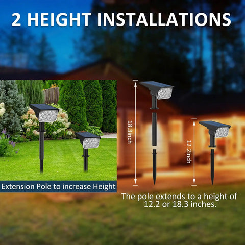 Image showing Green Solar Landscape Spotlights 4 Pack With 20 LED Beams Waterproof IP65 Outdoor Uplights with height extension poles.