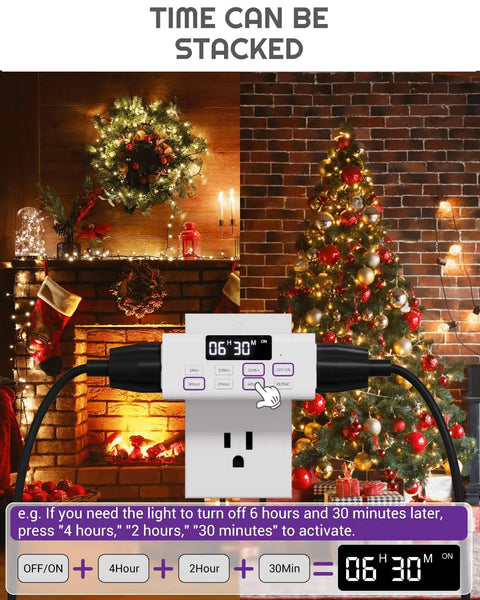 Slick Indoor Dual Plug In Countdown Timer Outlet Two Pack With Big Screen Auto Shut Off and Zero Hassle Memory Loop feature in festive setting.