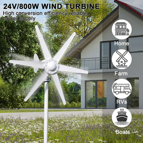 800W Wind Turbine Generator Kit 12V 24V with 6 blade design in backyard, suitable for home, farm, RV, boat use, inverter not included