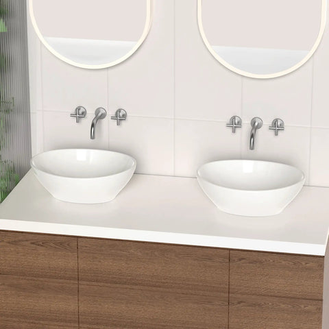 Premium Oval Ceramic Vessel Sink For Bathroom Vanity Countertop Glossy White Porcelain Bowl Above Counter displayed on modern vanity.
