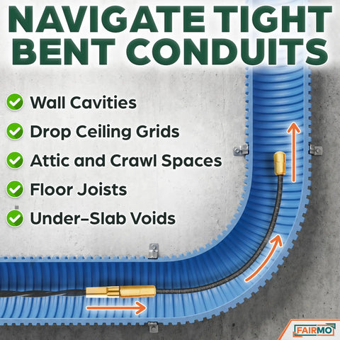 Fairmo 98.5 Ft Fish Tape With Extra Adapters Heavy Duty Pet Fiber Wire Puller Tool Kit navigating through tight conduits.