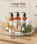 Smooth Operator 12 in Lazy Susan Turntable 4 Pack Crystal Clear BPA Free Plastic Pantry Cabinet Organizer for Spice Rack 360 Spin Saves You from the Hunt Keeps the Kitchen Vibe Fresh and Everything Within Grasp with skincare bottles on a wooden surface.