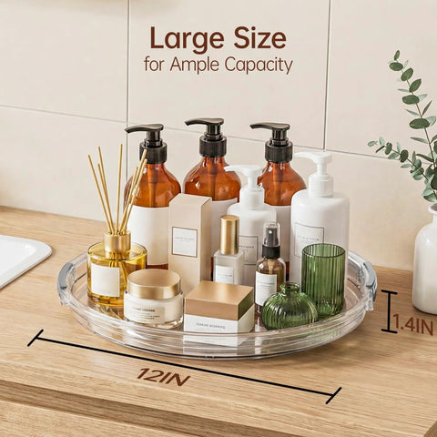 Smooth Operator 12 in Lazy Susan Turntable 4 Pack Crystal Clear BPA Free Plastic Pantry Cabinet Organizer for Spice Rack 360 Spin Saves You from the Hunt Keeps the Kitchen Vibe Fresh and Everything Within Grasp with skincare bottles on a wooden surface.