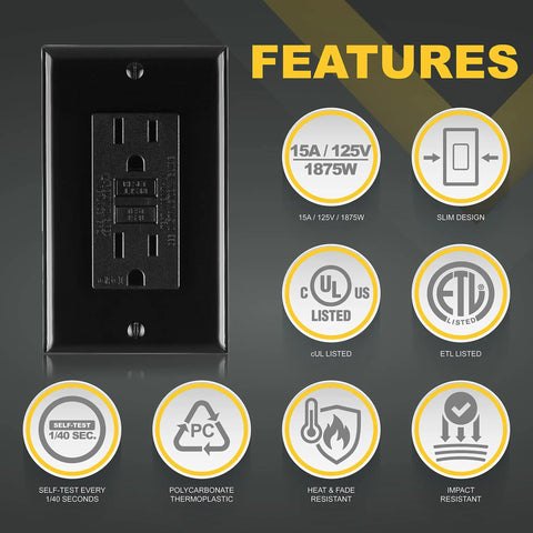 10 Pack Slim GFCI Outlets 15A 125V With Self Test LED Indicator And Wall Plate ETL Listed Non Tamper Resistant Duplex Receptacles In Black NEC UL943 Compliant For Safe Easy Installation featuring outlet image and features icons