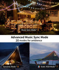 3 In 1 Camping String Lights With Retractable RGB LEDs over outdoor dining and tents with various lighting modes displayed