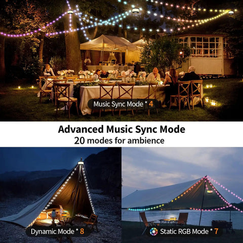 3 In 1 Camping String Lights With Retractable RGB LEDs over outdoor dining and tents with various lighting modes displayed