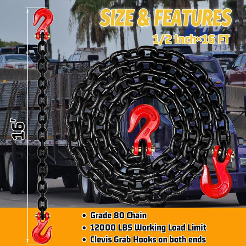Heavy Duty Half Inch Tow Chain With Clevis Grab Hooks, Sixteen Foot Long, 12,000 Lbs Safe Working Load on display