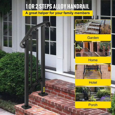 Outdoor Stair Railing For 1 Or 2 Steps Aluminum Handrail For Concrete Or Wood Stairs Black installation on brick porch