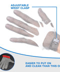 Hardcore Metal Mesh Cut Resistant Glove For Meat Cutting Butcher Grade Food Safe Chainmail Hand Protection showcasing wrist clasp