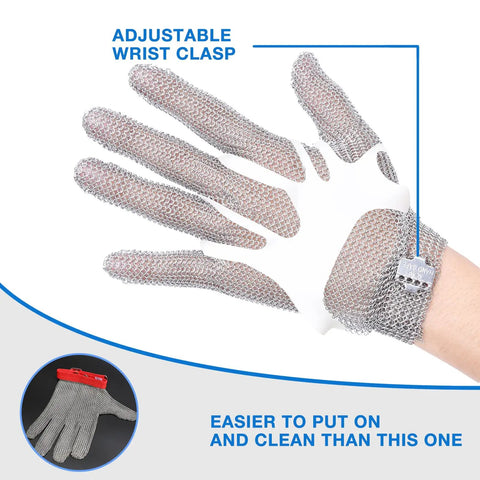 Hardcore Metal Mesh Cut Resistant Glove For Meat Cutting Butcher Grade Food Safe Chainmail Hand Protection showcasing wrist clasp