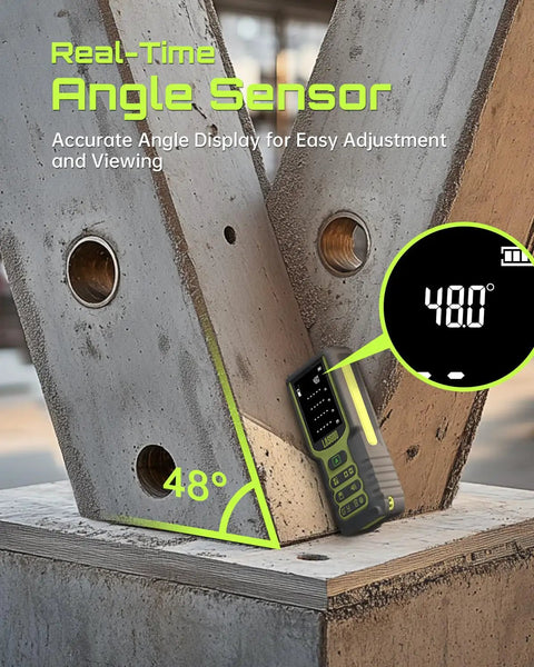 High Range Laser Distance Meter 100m With Angle Sensor And Backlit LCD Display, Measures Length, Area, Volume, And Pythagorean, Ft In M Unit Switching, Battery Included, Sleek Durable Handheld Tool For Pros And DIY Projects on angled metal beam