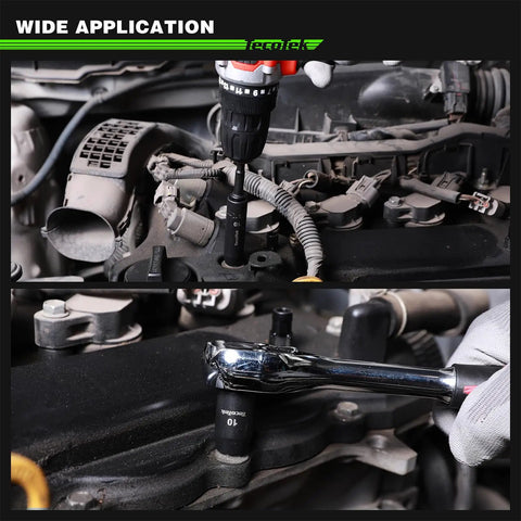 Go-To 27-Piece 3/8-Inch Drive Metric Impact Socket Set used in car engine with drill adapter and socket wrench