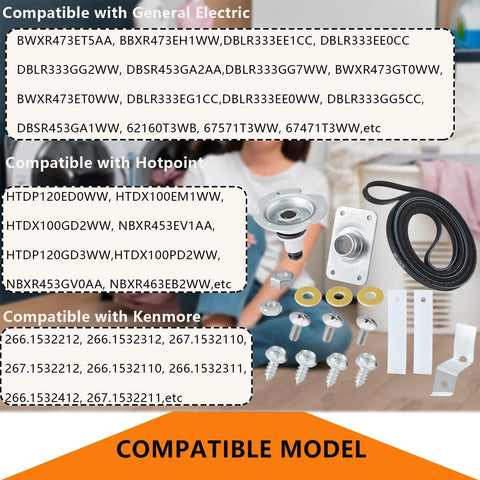 Dryer Drum Bearing Replacement Kit For GE Hotpoint Dryers Includes Drive Belt WE12M29 Bearing Slide WE1M333 displayed with compatible model list