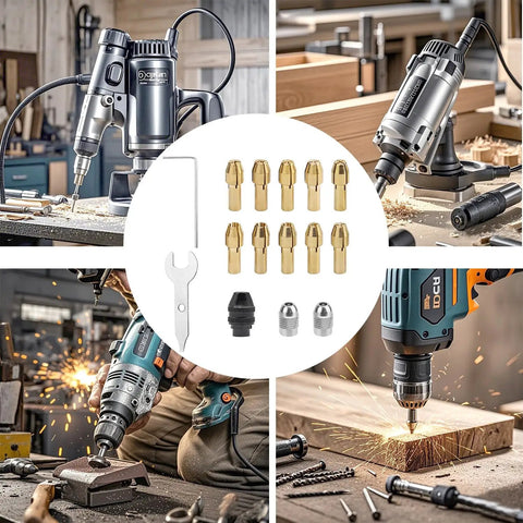All-in-One Drill Chuck Collet Set For Rotary Tools 15-Piece Brass Collets 0.8mm To 3.2mm With Nut Kit in use with power tools