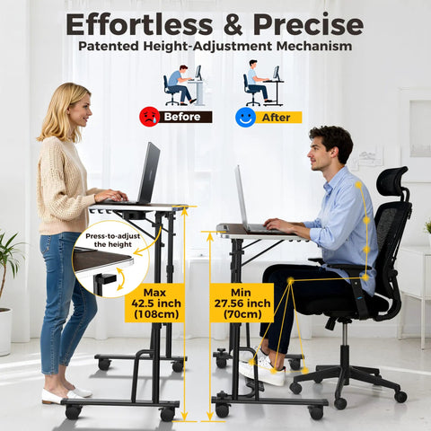 Adjustable Sit Stand Rolling Desk Built Tough With Slick Gliding Wheels And Multi Level Height Tuning for workstation height adjustment.