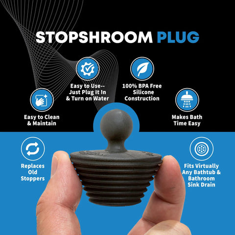 Hand holding StopShroom Plug, part of Ultra Tub Drain Protector Hair Catcher Kit Stainless Steel Tub Strainer Snare, durable silicone design.