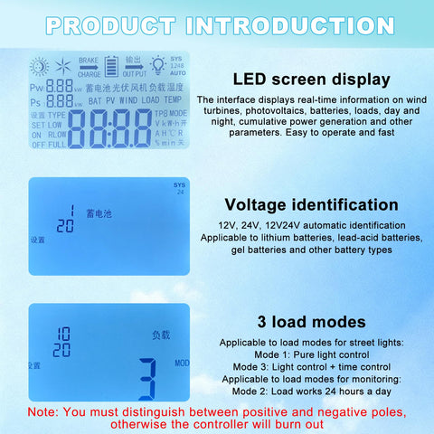 Beast 15000W Wind Solar Hybrid Charge Controller LCD display features and voltage settings