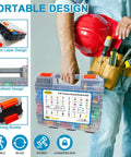 Heavy Duty Straight Up Automotive Fuse Assortment Kit Featuring 1221 Pieces Mini Standard Tall Blade Fuses Fuse Puller Circuit Tester And Badass Double Organizing Box For Cars Trucks SUVs Boats held by a worker.