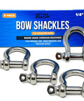 4-pack Beefy 316 Stainless Steel D Ring Shackles for boats, shown in front of product packaging, 1/4 inch mini bow design.