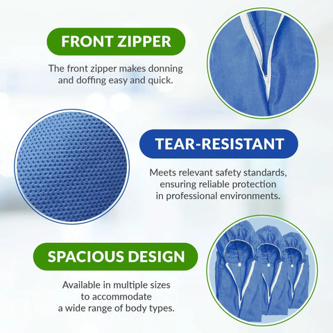 Blue Disposable Coveralls With Hood In Large Size Tri Laminated SMS Polypropylene Work Suit With Zipper And Elastic Wrists And Ankles 25 Pack For Industrial Safety In Construction And Manufacturing