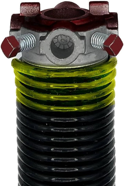 Close-up of garage door torsion spring with red screws, from Garage Door Torsion Spring Screws Kit Pro Grade Heavy Duty Set Of 10 Red Three Eighths Inch By One Inch Replacement Hardware For Torsion Spring Systems Ready For Easy, Reliable Garage Door Repair.