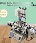 Hella Reliable Double Head Automatic Paste And Liquid Filling Machine With Pneumatic Dual Purpose Power For Sauces And Viscous Jars 10 To 100 Ml Capacity 8 Mm Zero Drip Tip, stainless steel desktop model.