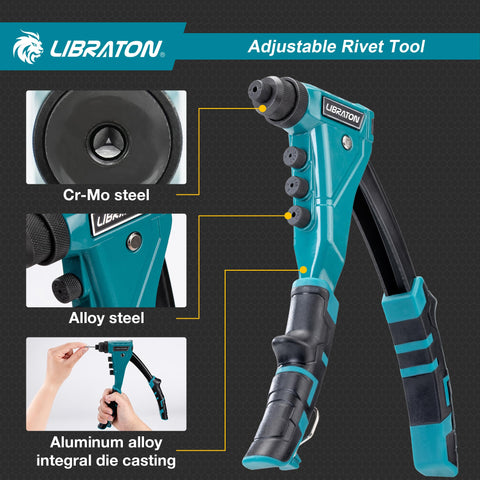 Heavy Duty Pop Rivet Gun Kit For Pros And DIYers, Manual Riveter Set close-up showing steel construction and nozzles
