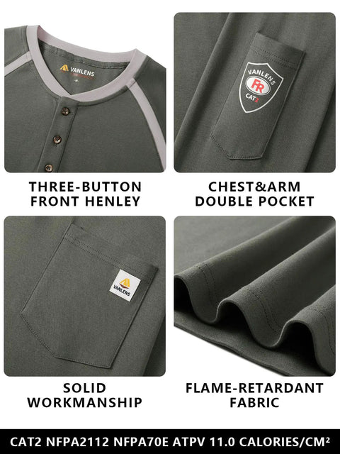 Mens Flame Resistant 6.5oz Long Sleeve FR Shirt For Work Fire Retardant CAT2 HRC2 Durable FR Clothing multiple views and features