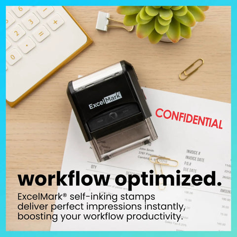 Top Shelf Self Inking Rubber Stamp With Vivid Red Ink And Reusable Dual Pad For Quick Confidential Marking Flawless Alignment And Built Tough For Daily Grind on office paperwork with 'CONFIDENTIAL' text.