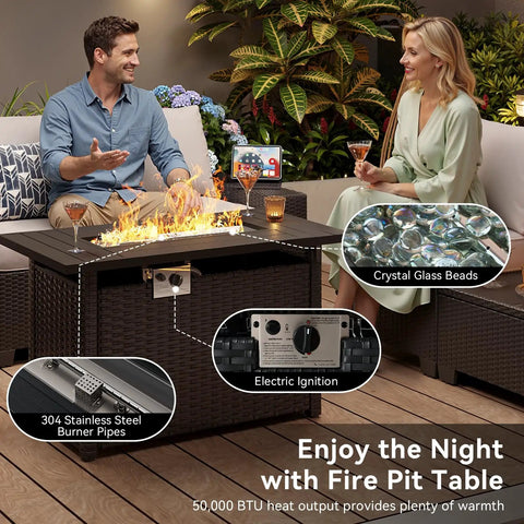 Outdoor Patio Furniture Set With 44 Inch Fire Pit Table 7 Piece Sectional 4 Inch Thick Cushions Wide Armrests Wicker Frame All Weather Rustproof Steel Grey Backyard Lounge with couple enjoying fire pit and drinks on patio