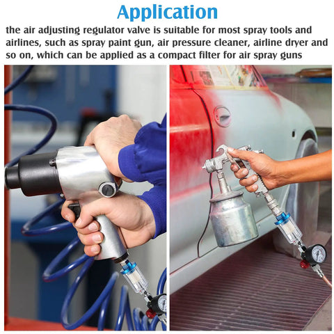 Person using 2 Pack Air Regulator Valve With Pressure Gauge And Water Trap Filter For Air Compressor on spray guns