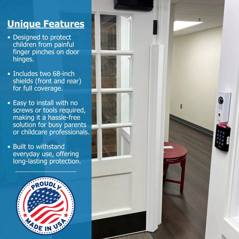 PinchNot 90 Degree Door Pinch Guard For Kid Safe Living installed on a white door hinge with unique features outlined.