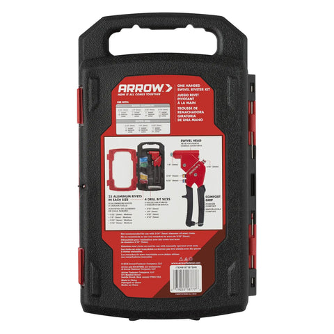 Swivel Head One-Hand Rivet Gun Kit For Metal And Auto Repair Easy Grip Manual Riveter Set case with instructions visible