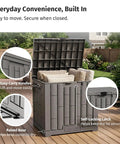 Outdoor Storage Box 31 Gallon Waterproof Resin Deck Box for backyard patio cushions and gardening tools, shown on wooden deck.