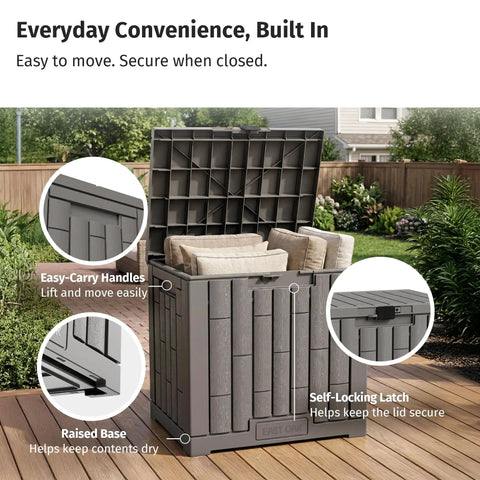 Outdoor Storage Box 31 Gallon Waterproof Resin Deck Box for backyard patio cushions and gardening tools, shown on wooden deck.