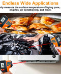 Digital Infrared Thermometer Gun Non Contact Temp Gun measuring frying pan, engine, and air conditioner for cooking and HVAC use.