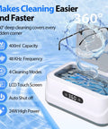 Ultrasonic Jewelry Cleaner 24W With 48kHz High Frequency Waves Digital Timer, glasses in 13.5oz unit, deep cleaning features shown